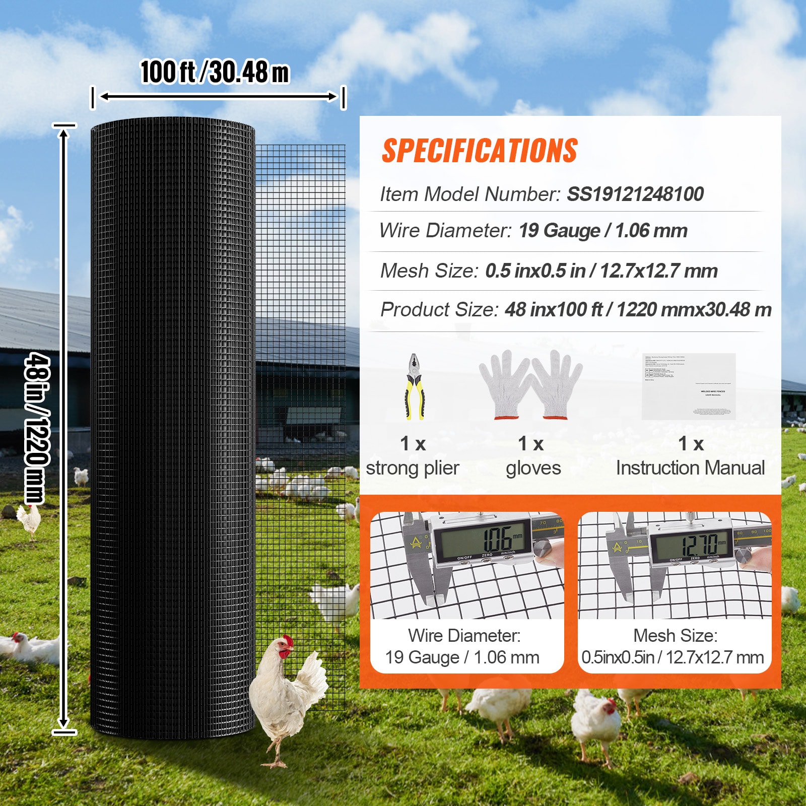 Hardware Cloth, 48'' X 100' Galvanized Wire Mesh Roll, 19 Gauge Chicken Wire Fence Roll, Vinyl Coating Metal Wire Mesh For Chicken Coop Barrier, Rabbit Snake Fences, Poultry Enclosures_maomaolike.com